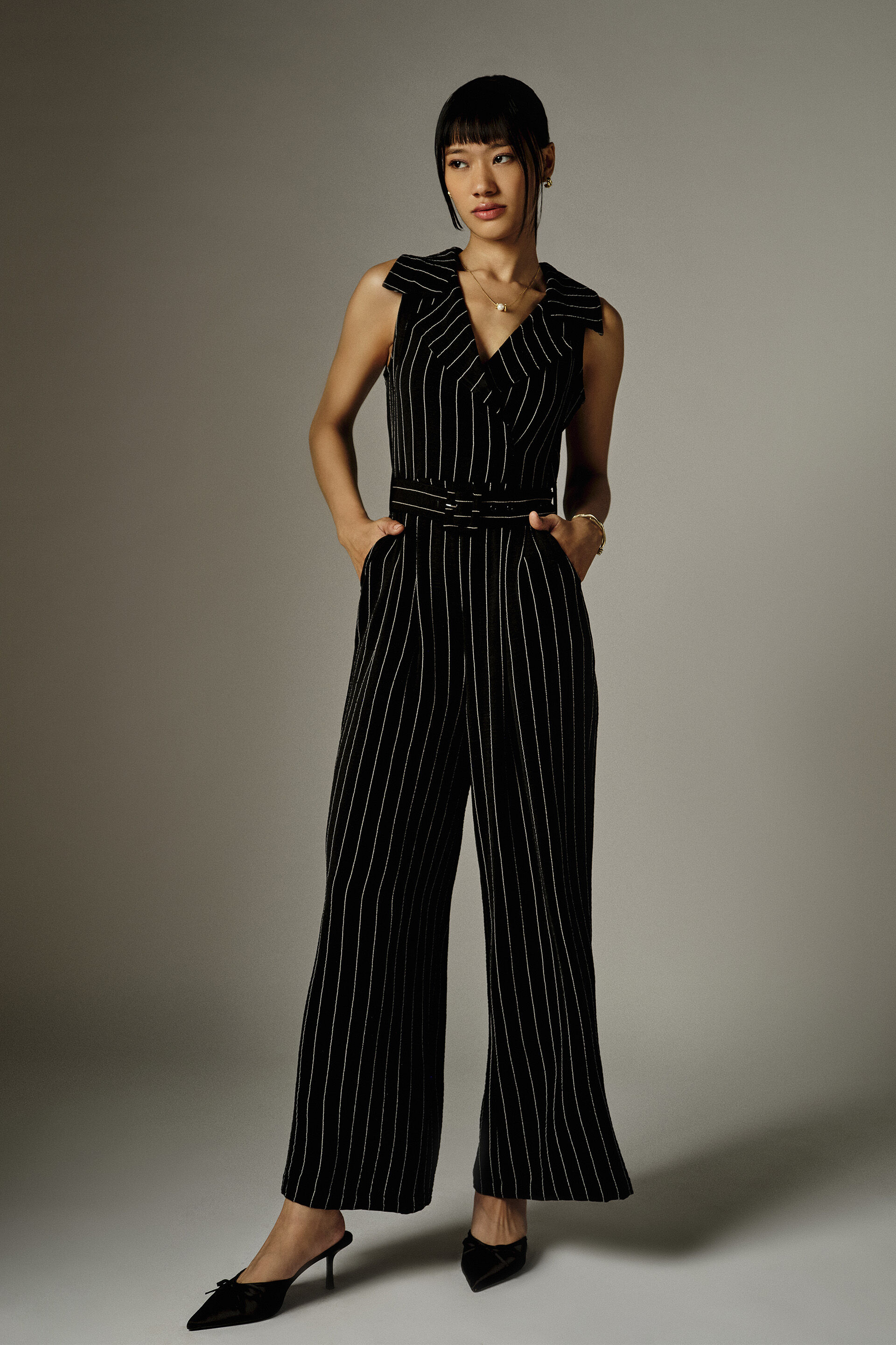 Jovelle Striped Black Jumpsuit, Black, image 2